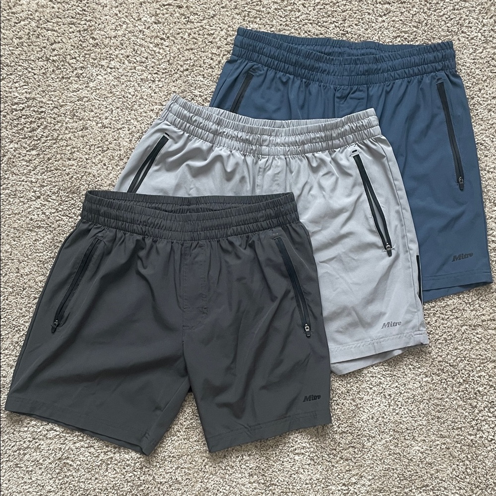 Mitre Men's Performance Athletic Shorts - Dark Gray, Light Gray, Blue